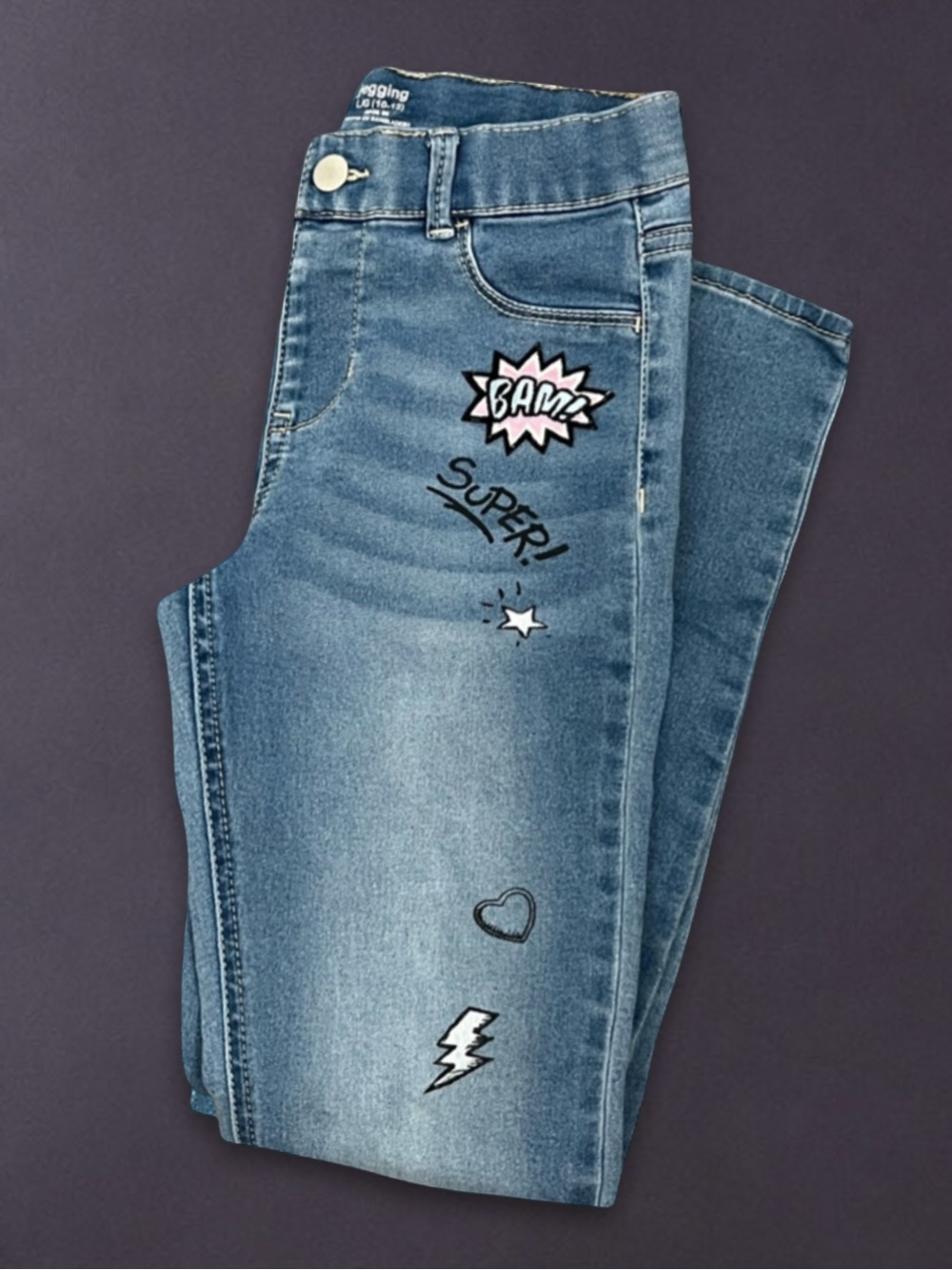 Jeggings Wonder Nation Girls Size 10/12 L Stretch Denim Doodle Graphic Jean